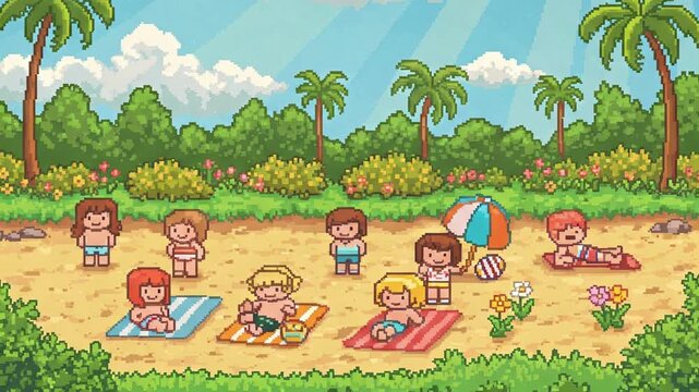 children playing in the beach illustration animation