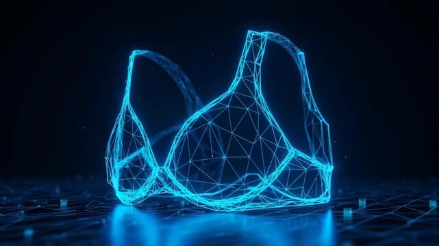 3d Rendered Low-poly Bra Model In Glowing Cyan Light Isolated Against Dark Background Technology Fashion Design Related Concepts Use In Advertising Digital Art