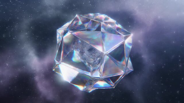 Shimmering crystalline firefly-like gem floating in cosmic space with iridescent facets