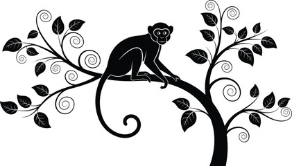 Black and white silhouette illustration of monkey sitting on decorative tree branch with swirling leaves, artistic jungle wildlife design © Amina