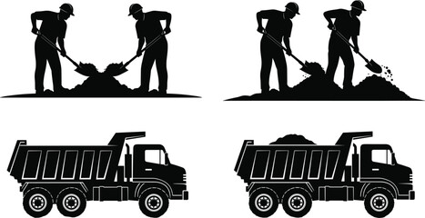 Black silhouette illustration of construction workers with shovels and dump trucks loaded with dirt symbolizing excavation, labor and heavy machinery © Amina