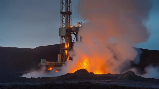 Colossal geothermal drilling rig standing against twilight sky with erupting lava-like flame and rising steam