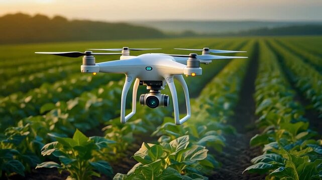 Firefly drone hovering above lush green crop rows for precision agriculture