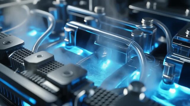 Futuristic ev battery cooling manifold with luminous cerulean glow and sleek metallic channels