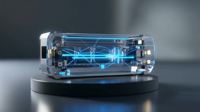 Sleek transparent ev battery module with vibrant blue cooling fluid flowing inside on a circular platform