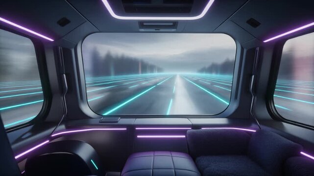 Firefly inside a sleek minimalist hyperloop capsule viewed from an ergonomic passenger car brand with neon glow
