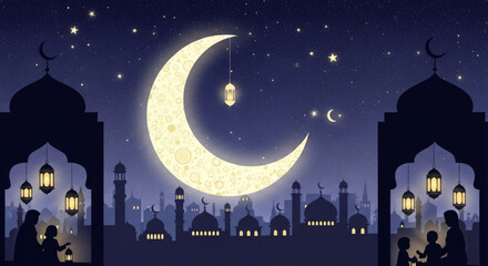 Islamic lantern hanging in blue archway with crescent moon and stars surrounded by intricate floral pattern ramadan decoration