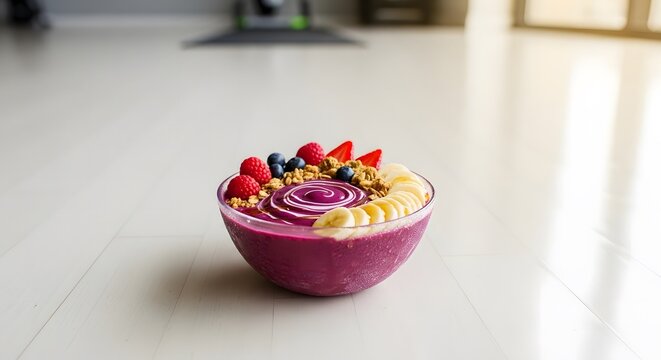 Vibrant aai bowl topped with fresh fruit and granola on floor