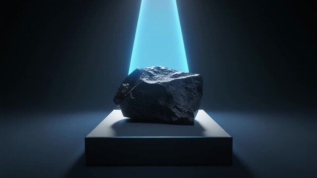 Dark combined image rock sample bathed in blue glow on pedestal with radiant beam