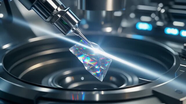 Iridescent crystal sample held by precision instrument in lab