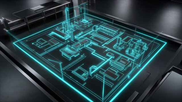 Glowing holographic factory floor plan projection over a dark industrial workspace