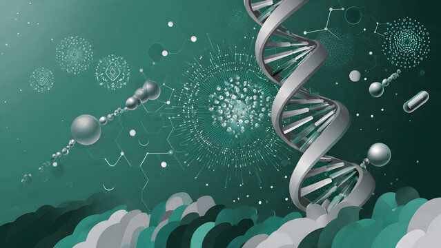 Design abstract biotech backdrop with flat icons of helix fusion, microscope beam, capsule chain, data pulse, and biochip in emerald and silver metallic style for posters.