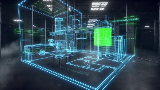 Colossal holographic factory floor plan projected over foggy concrete aisles with blue data outline