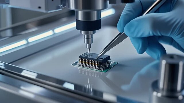 Gloved hands positioning a microelectronic circuit on a precision pcb under a microscope