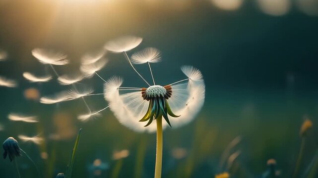 Dandelion puffball in dawn light: solitary seed sphere centered in tranquil clearing with feathery seeds