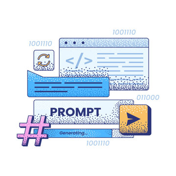 illustration depicted of AI prompting. The design features a promp text input bar with a generating progress indicator, perfect for depict concept of prompt engineering and generative AI workflow