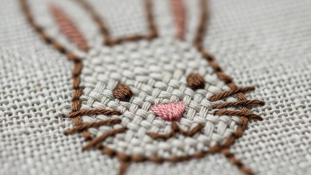 Adorable embroidered bunny face on fabric, close-up view