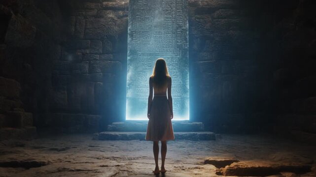 A lone figure stands before a towering ancient stone tablet, awe-struck in a dim cavern