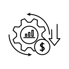 Fototapeta premium Line icon illustrating financial loss or cost reduction cycle using gear, downward arrow, dollar symbol, and circular arrows. Suitable for expense control and financial risk concepts.