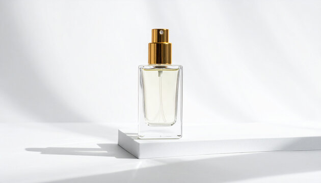 Clear liquid in spray bottle with gold accent