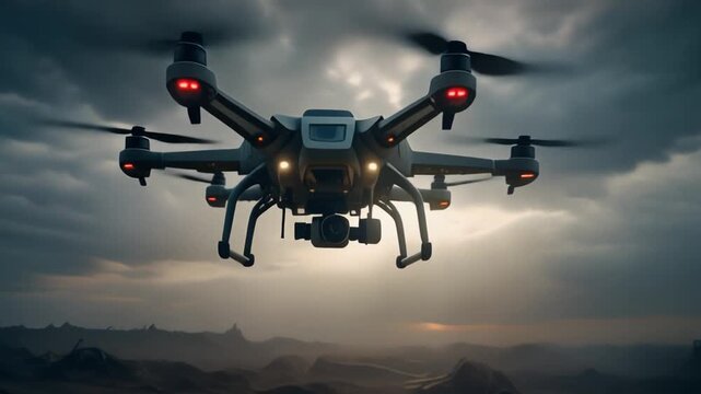 Drone in stormy landscape with rugged terrain and dramatic lighting, a robust multi-rotor relief aircraft hovers forward