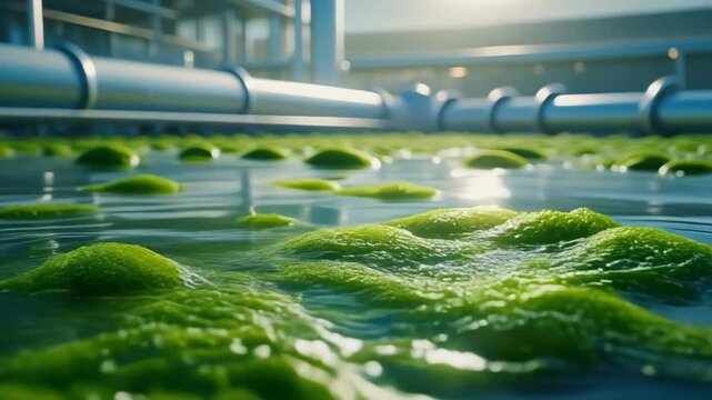 Firefly view of vast cultivation ponds with emerald green algae and glassy water