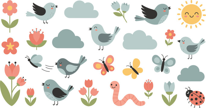 Cute spring nature illustration set with birds flowers clouds sun butterflies worms and ladybugs flat vector design