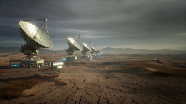 Radio telescope array on a desolate desert plain under a moody sky