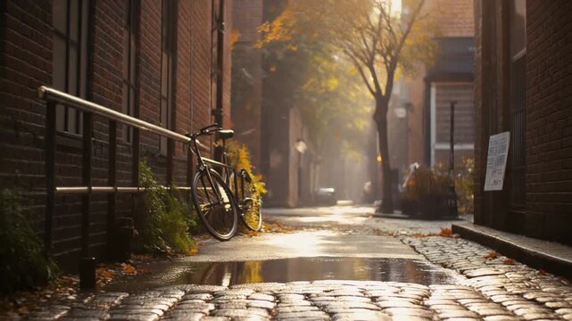 Quiet urban alley bathed in golden late afternoon sunlight with a parked bicycle