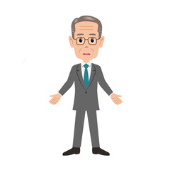 Fototapeta premium An illustration of an older businessman in a grey suit and glasses, shrugging with a confused or uncertain expression.
