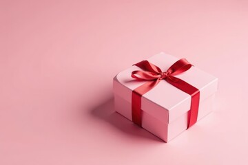 Fototapeta premium A Delicate Pink Gift Box with a Crimson Ribbon, a Symbol of Thoughtful Presentation