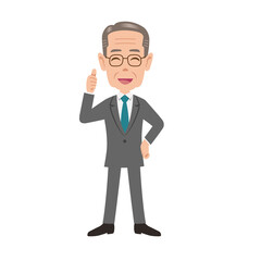 Obraz premium Elderly Asian businessman in a suit giving a thumbs-up gesture, smiling confidently.