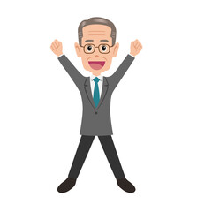 Fototapeta premium An energetic and happy elderly businessman in a grey suit and glasses, raising his arms in a celebratory or jumping jack pose.