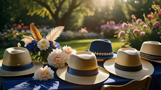 Sunlit kentucky derby hats arranged on a table with floral centerpiece and garden backdrop