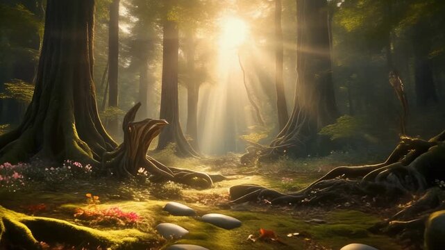Quiet sunlit forest clearing with ancient roots and mossy stones bathed in golden light