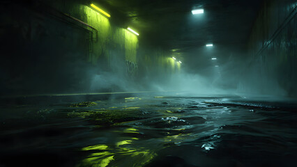 Naklejka premium Turquoise Neon Faint Glow Through Smoke on Somber Rain Pavement