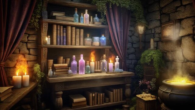 Cozy medieval apothecary chamber with oak shelves, glowing bottles, and bubbling cauldron