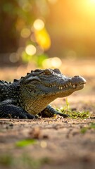Fototapeta premium Close-up of a relaxed crocodile resting on sandy ground with sunlit bokeh in background