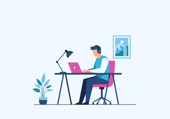 Fototapeta premium Man Working On Laptop Computer At Desk With Plant And Lamp In Home Office Environment