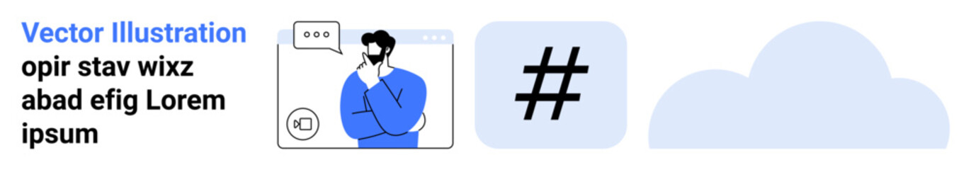 Obraz premium A man thinking with a chat box, metadata tag, and cloud icons. Ideal for social media, communication, networking, brainstorming, cloud technology, online collaboration simple landing page