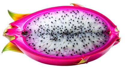 Half of a vibrant pink fruit with a white interior speckled with black seeds