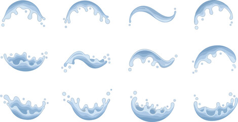 Fototapeta premium Collection of blue water splash elements arranged in grid pattern on a clean background from a direct viewpoint
