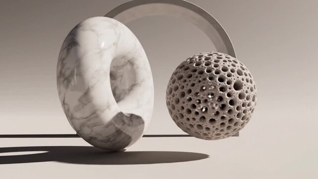 Marble and textured 3D shapes on a beige surface with a semi-circle behind them in the background.