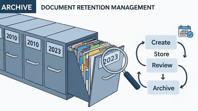 Illustration of document retention management and organized archival process.