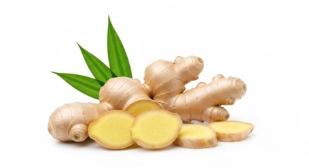 Fresh ginger root with leaves and slices