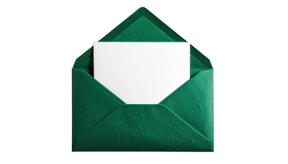 Open emerald green envelope with a blank white card centered against a black backdrop