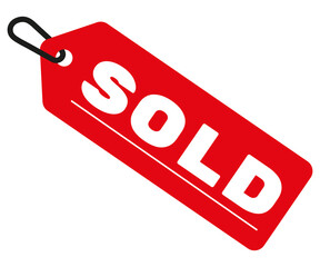 Sold tag icon for product, business announce stamp illustration