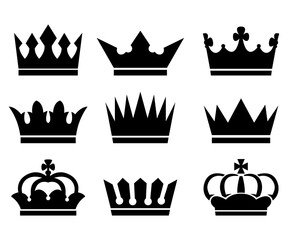 Set of black crown king and queen jewelry emblems, silhouette illustration