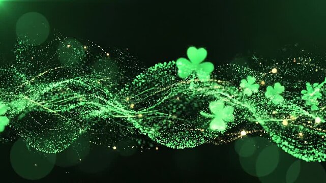 Abstract emerald green particles background with clover shapes and light streaks