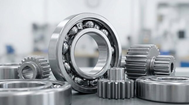 Close-up of industrial metal ball bearings and gear wheels in a modern mechanical engineering workshop,precision manufacturing and technology concept